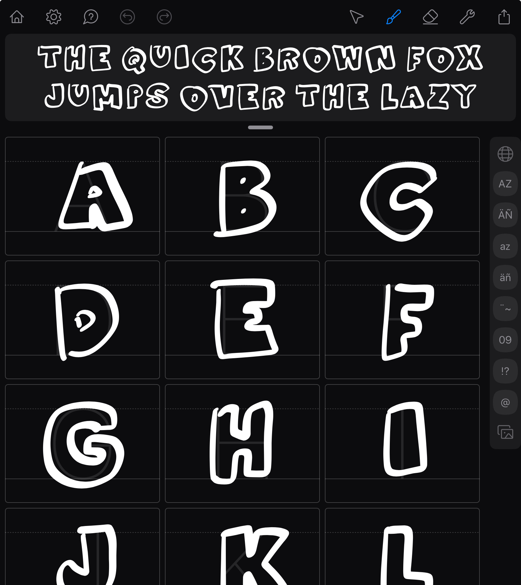 Digital display of handwritten alphabet characters A to K on a dark background with the phrase THE QUICK BROWN FOX JUMPS OVER THE LAZY at the top.