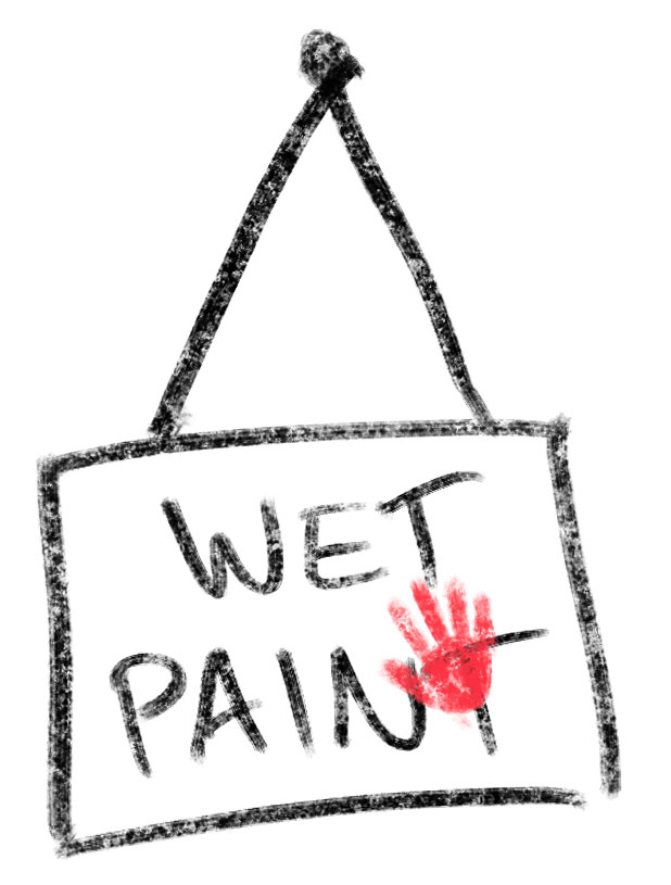 Drawing of a Wet Paint sign with a red handprint