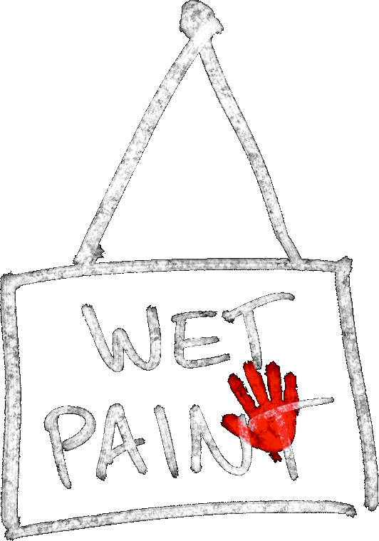 Drawing of a Wet Paint sign with a red handprint